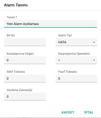 Alarm tanımı penceresi ekran görüntüsü