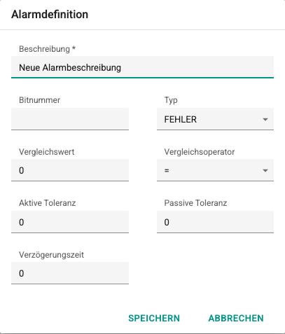 Bildschirm Fenster der Alarmdefinition