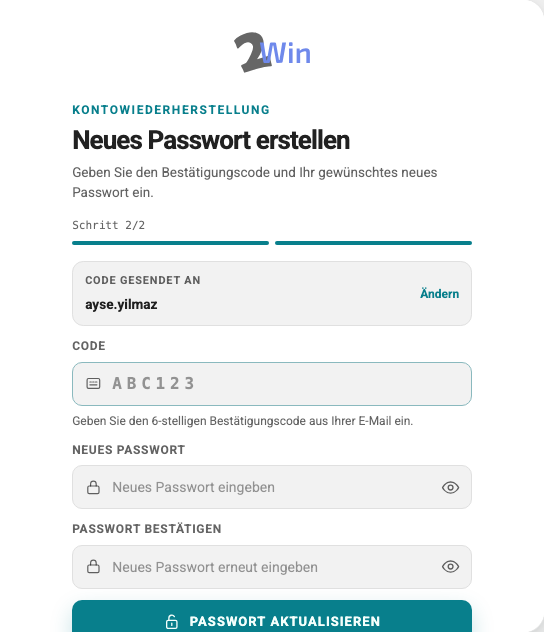 Formular „Passwort vergessen“, zweiter Schritt