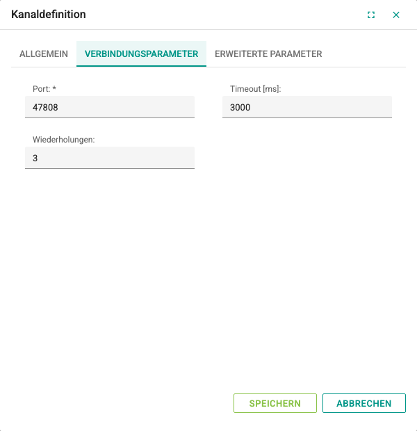 Registerkarte Verbindungsparameter des BACnet-Kanals