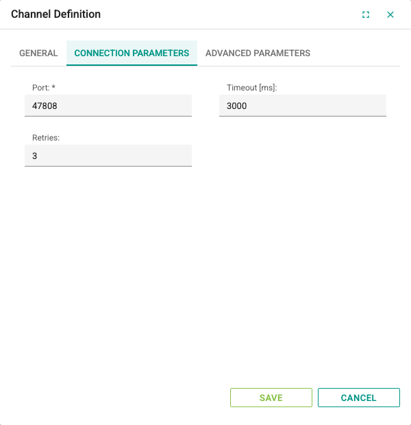 Connection Parameters tab of a BACnet channel