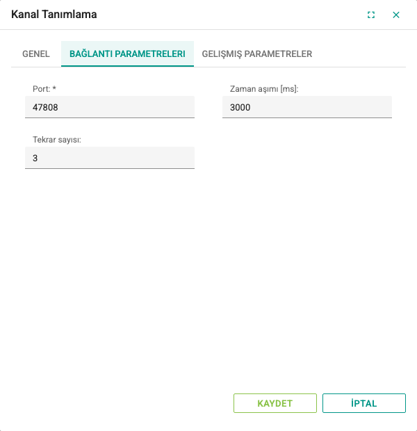 BACnet kanalının Bağlantı Parametereleri sekmesi