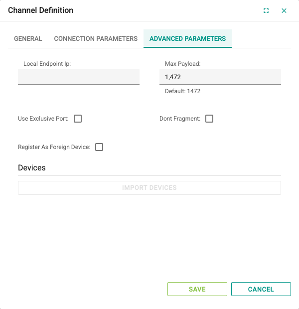 Advanced Parameters tab of a BACnet channel
