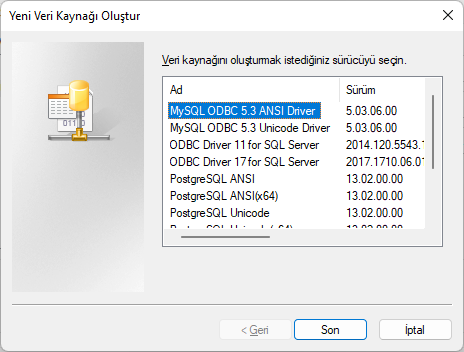 Yeni veri kaynağı için sürücü seçimi