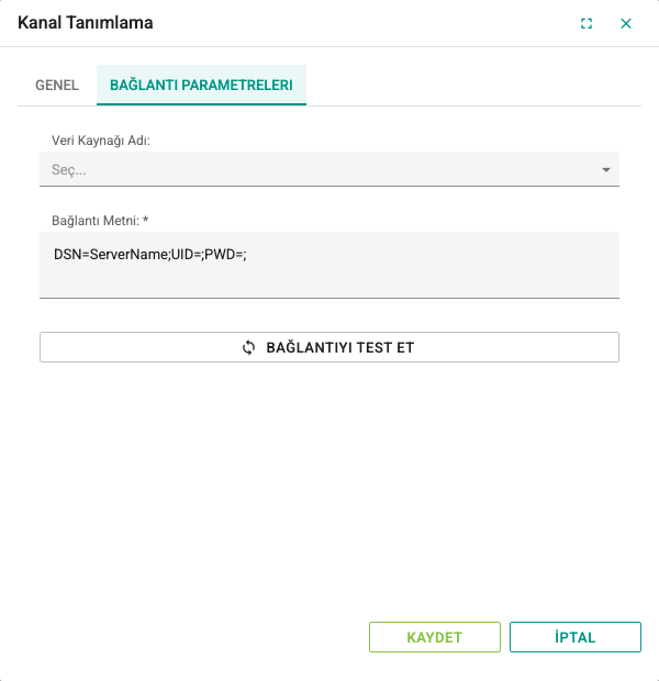Veritabanı kanalının Bağlantı Parametereleri sekmesi