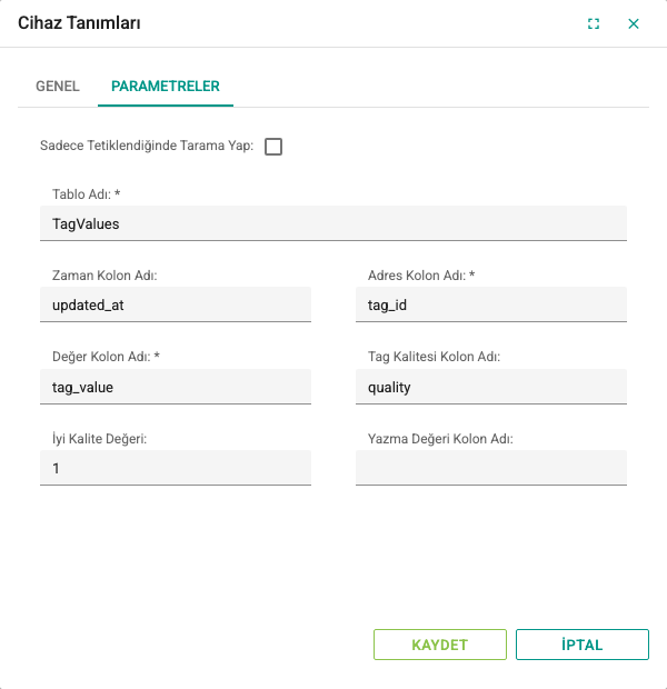 Veritabanı cihazının Parametreler sekmesi