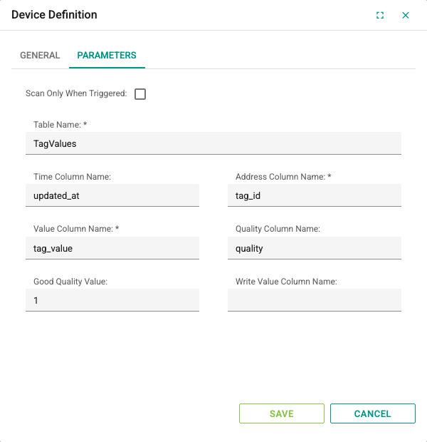 Parameters tab of a database device