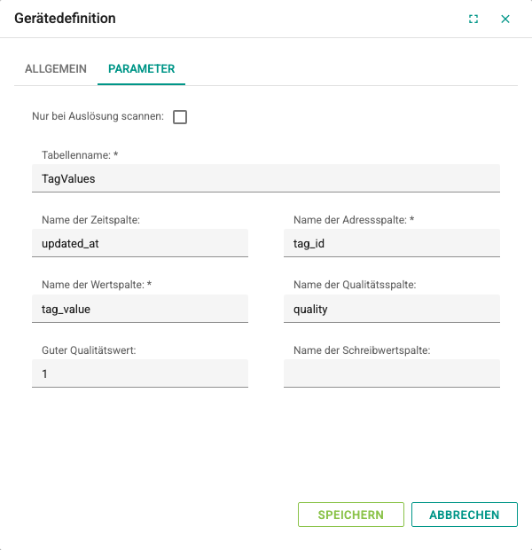 Registerkarte Parameter des Datenbankgeräts