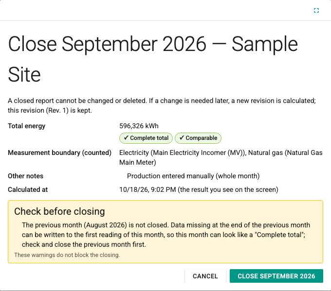 Close Period dialog: total, measurement boundary and the Check before closing warning