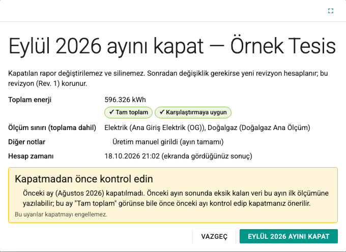 Ayı kapat penceresi: toplam, ölçüm sınırı ve Kapatmadan önce kontrol edin uyarısı