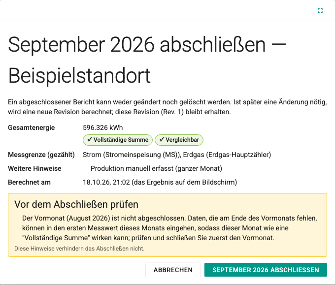 Fenster „Monat abschließen“: Summe, Messgrenze und Hinweis „Vor dem Abschließen prüfen“