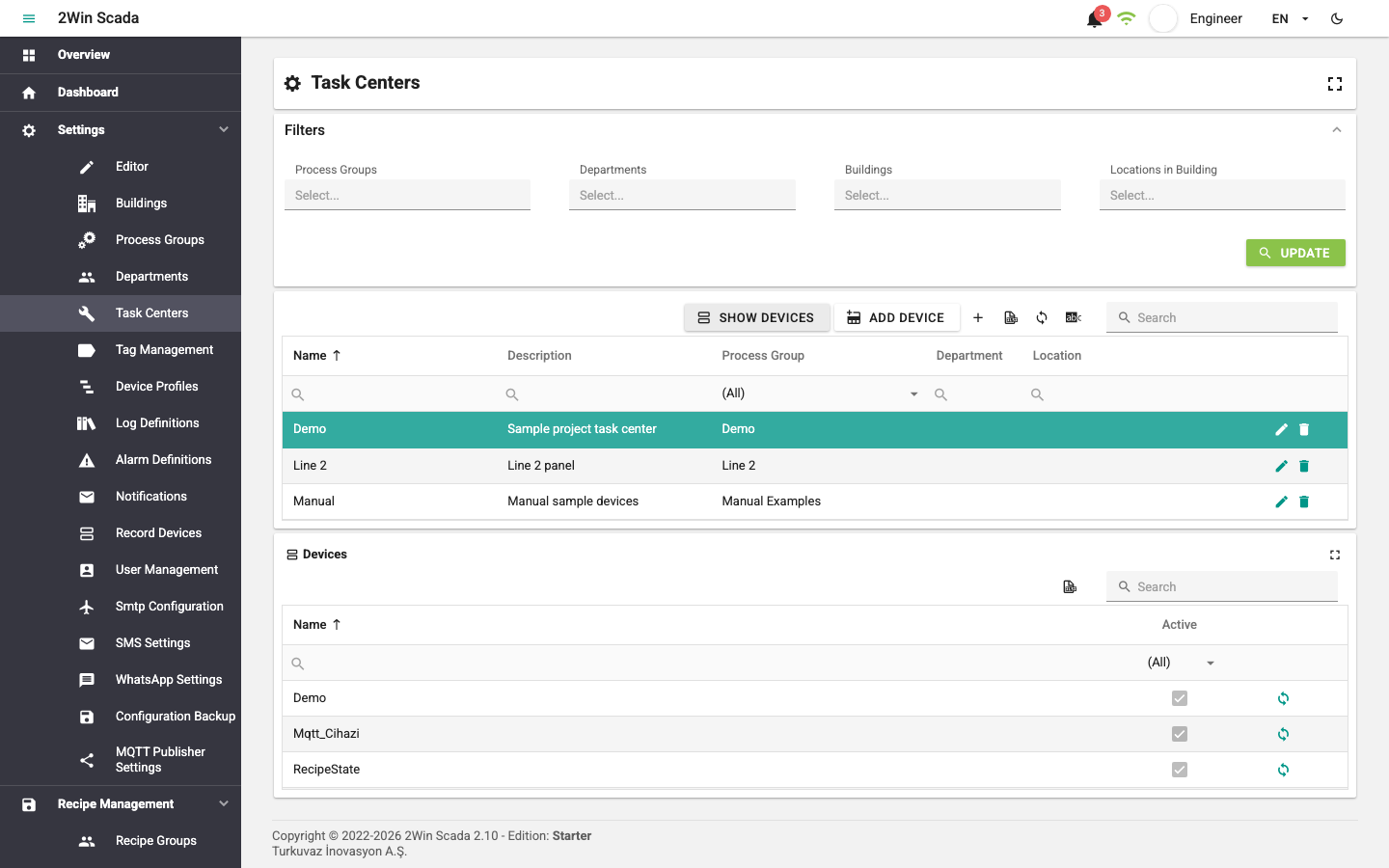 Task Centers screen