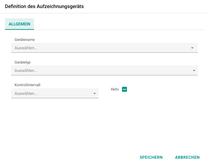 Bildschirm Fenster zur Definition eines Aufzeichnungsgeräts
