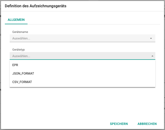 Bildschirm Liste der Gerätetypen