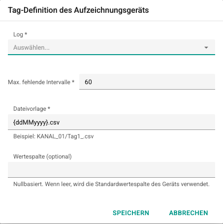 Bildschirm Fenster zur Tag-Definition des Aufzeichnungsgeräts