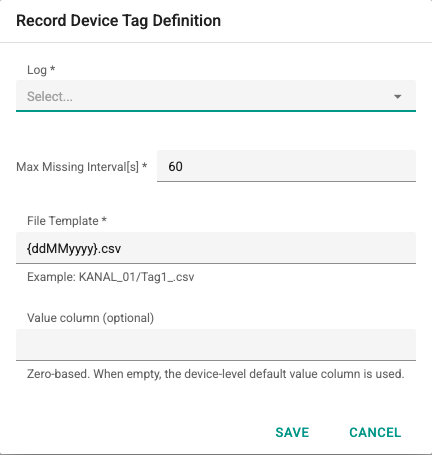Record device tag definition window screen