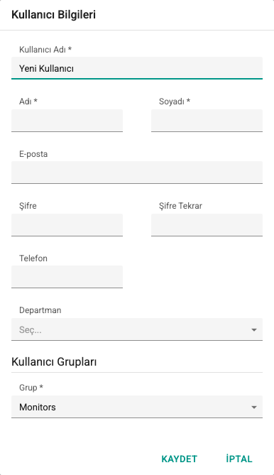 Yeni Kullanıcı Tanımı ekran görüntüsü