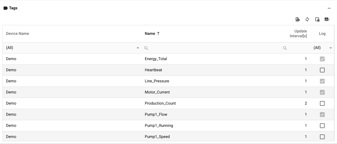 Tags table screen