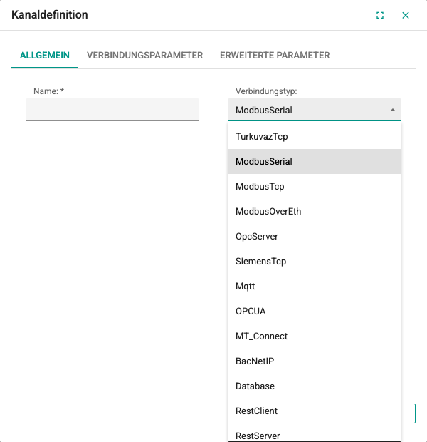 Registerkarte Allgemein des Kanalfensters und Liste Verbindungstyp