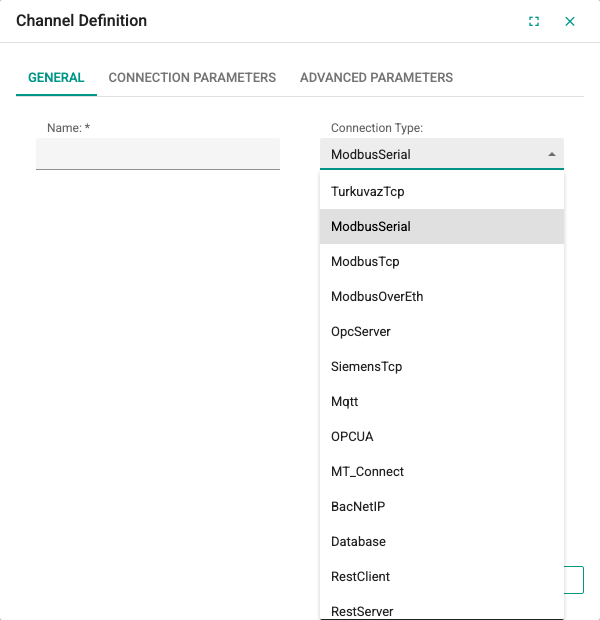General tab of the channel window and the Connection Type list