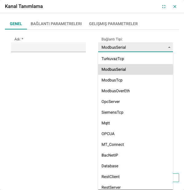 Kanal penceresinin Genel sekmesi ve Bağlantı Tipi listesi