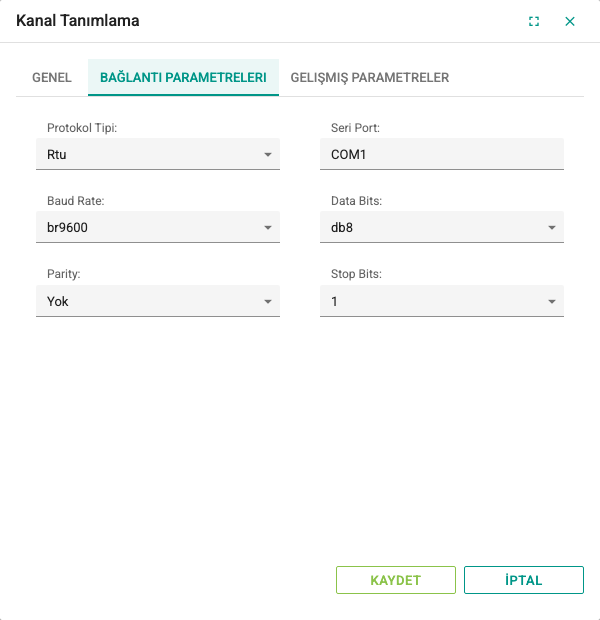 Kanal penceresinin Bağlantı Parametereleri sekmesi