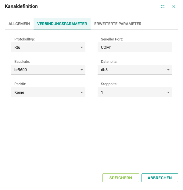 Registerkarte Verbindungsparameter des Kanalfensters