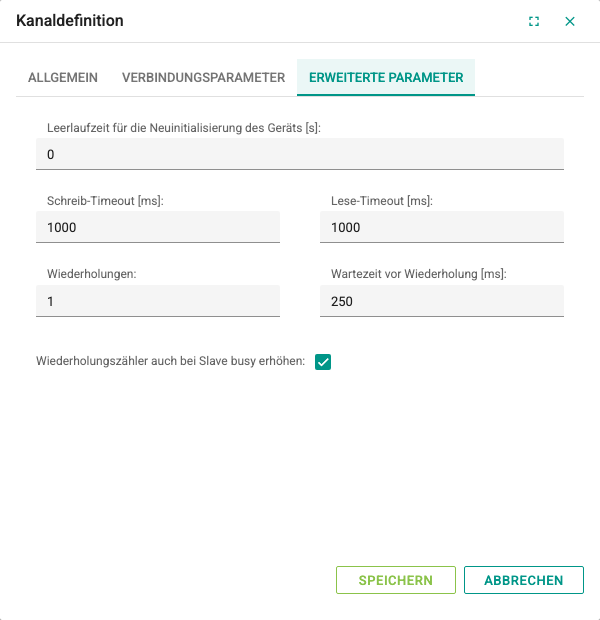 Registerkarte Erweiterte Parameter des Kanalfensters