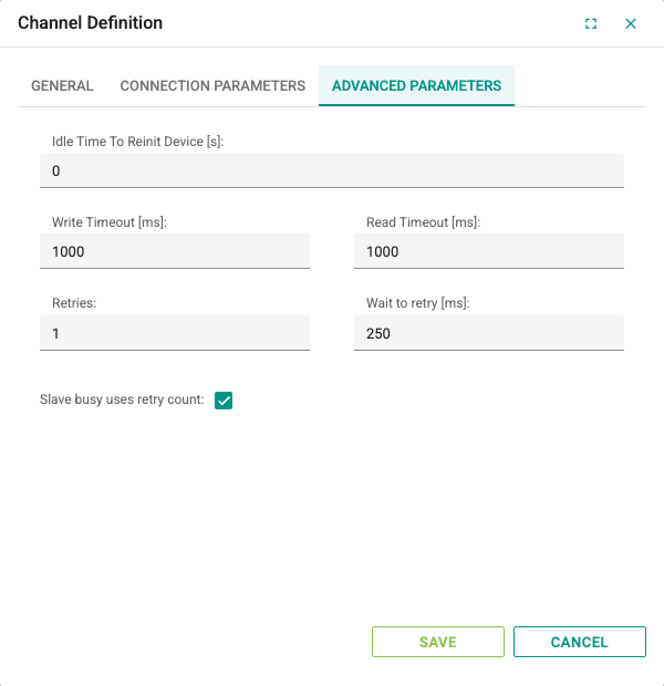 Advanced Parameters tab of the channel window