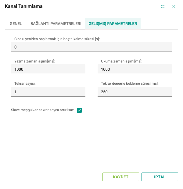 Kanal penceresinin Gelişmiş Parametreler sekmesi