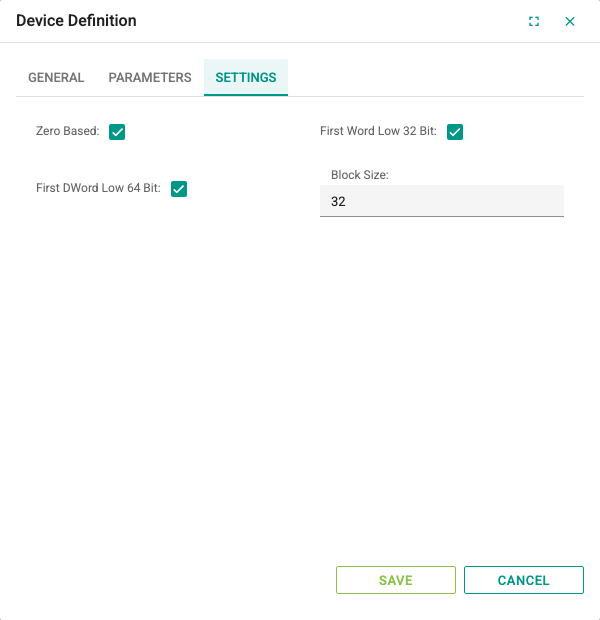 Settings tab of the device window