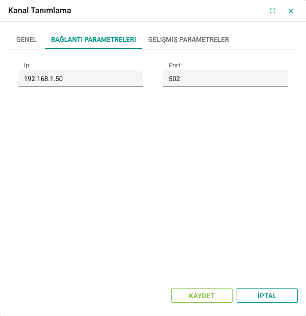 Modbus Serial over Ethernet kanalının Bağlantı Parametereleri sekmesi