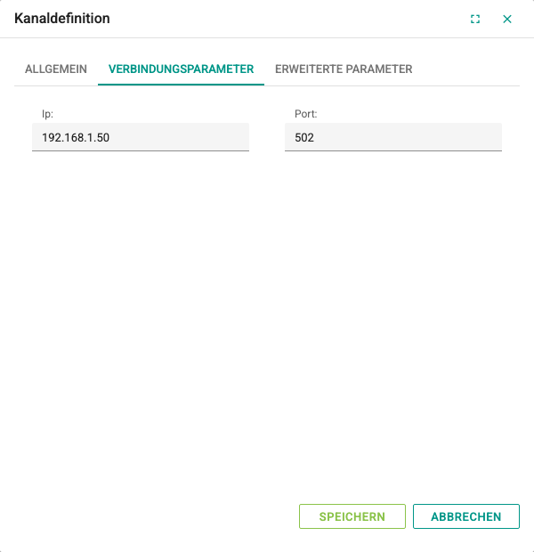 Registerkarte Verbindungsparameter eines Kanals vom Typ Modbus Serial over Ethernet
