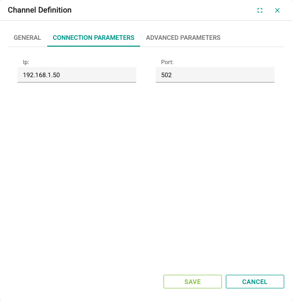 Connection Parameters tab of a Modbus Serial over Ethernet channel