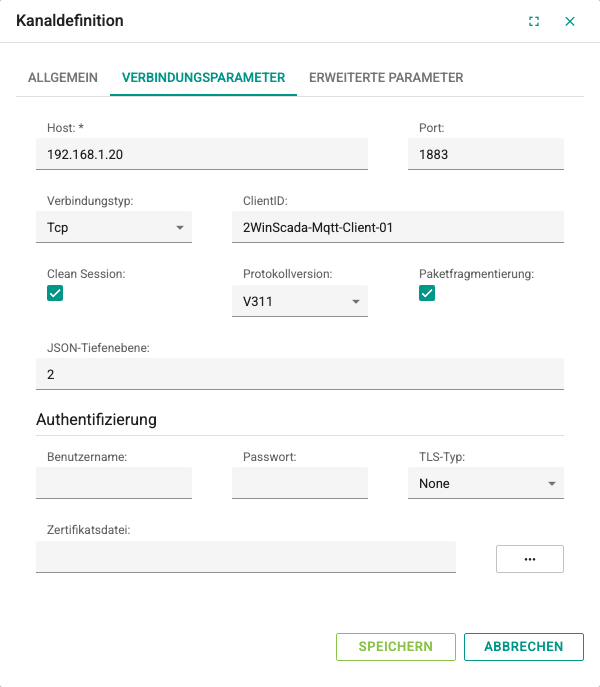 Registerkarte Verbindungsparameter des MQTT-Kanals