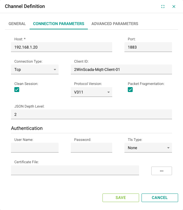 Connection Parameters tab of an MQTT channel