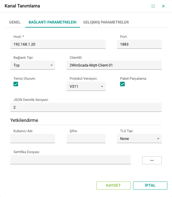 MQTT kanalının Bağlantı Parametereleri sekmesi