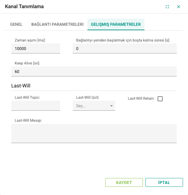 MQTT kanalının Gelişmiş Parametreler sekmesi