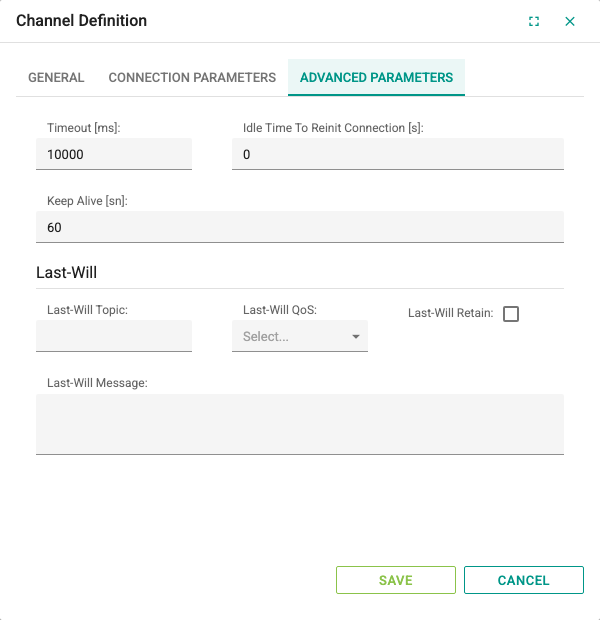 Advanced Parameters tab of an MQTT channel