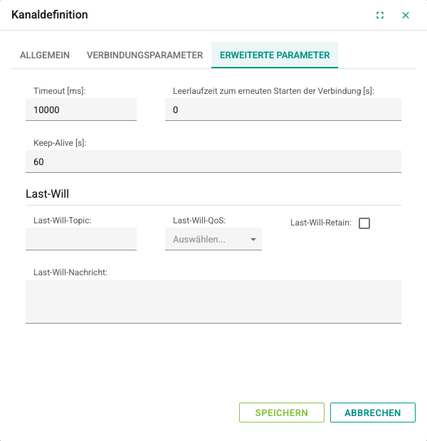 Registerkarte Erweiterte Parameter des MQTT-Kanals