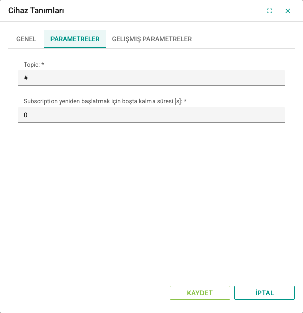 MQTT cihazının Parametreler sekmesi