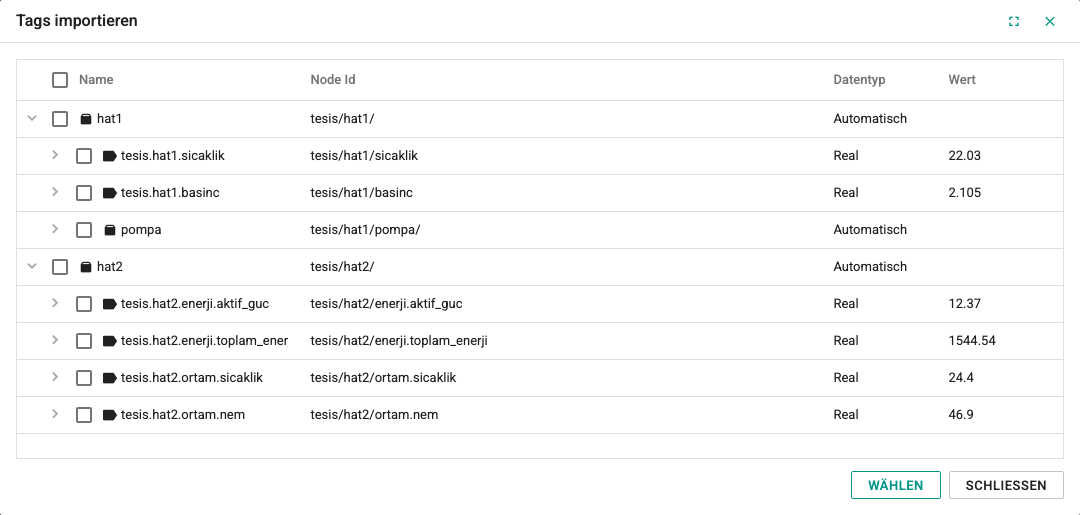 Fenster zum Importieren von MQTT-Tags