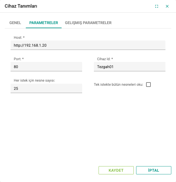 MTConnect cihaz penceresinin Parametreler sekmesi