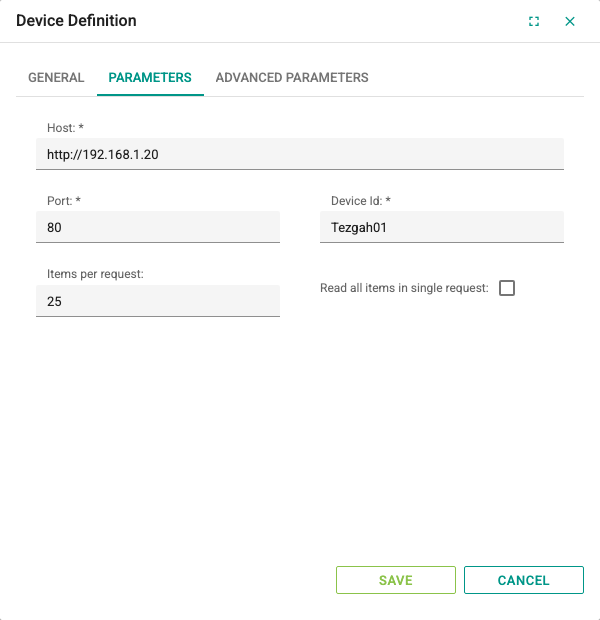 Parameters tab of the MTConnect device window