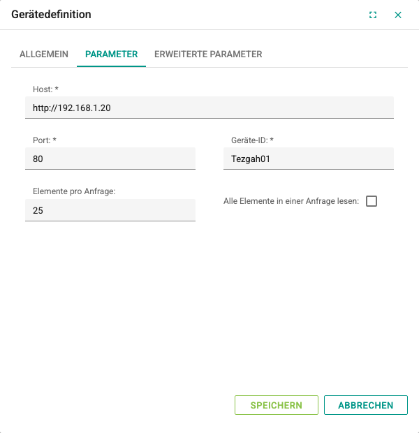 Registerkarte Parameter des MTConnect-Gerätefensters