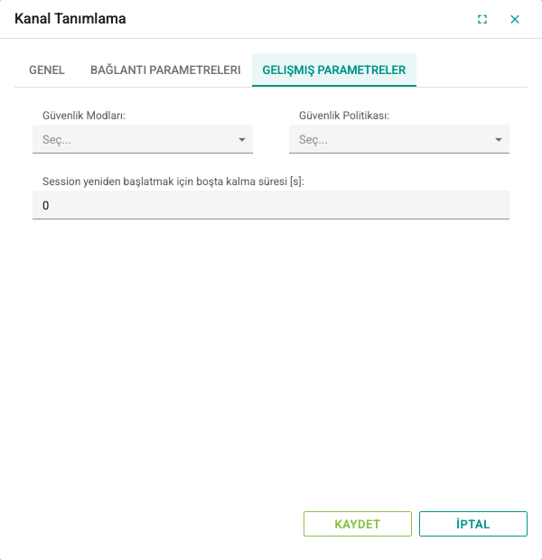 OPC UA kanalının Gelişmiş Parametreler sekmesi