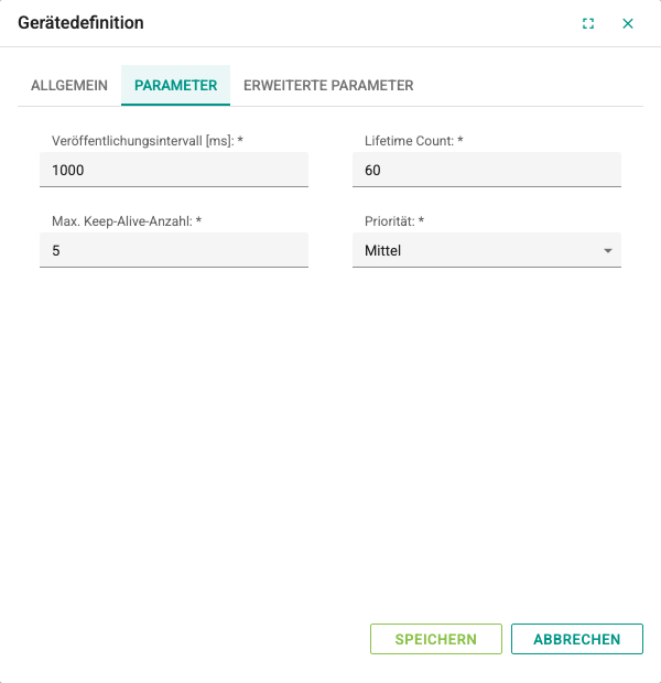 Registerkarte Parameter des OPC-UA-Geräts