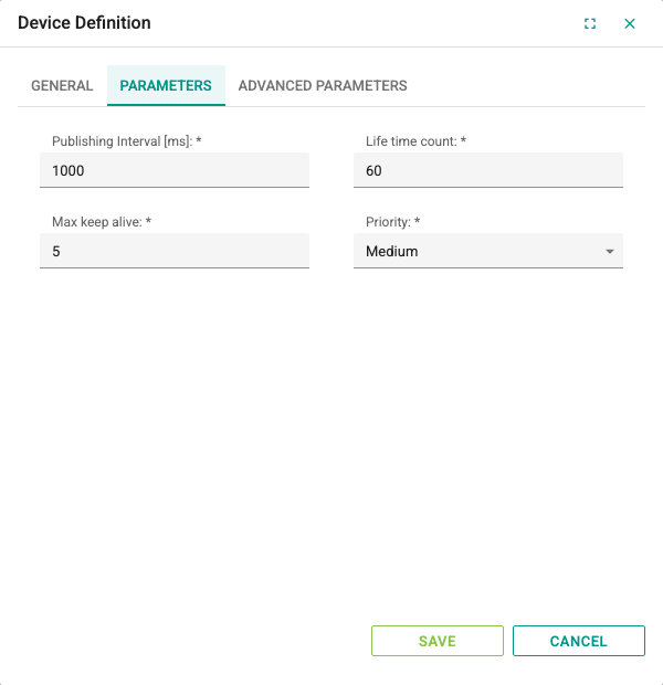Parameters tab of an OPC UA device