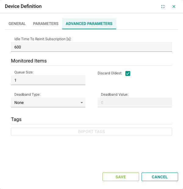 Advanced Parameters tab of an OPC UA device