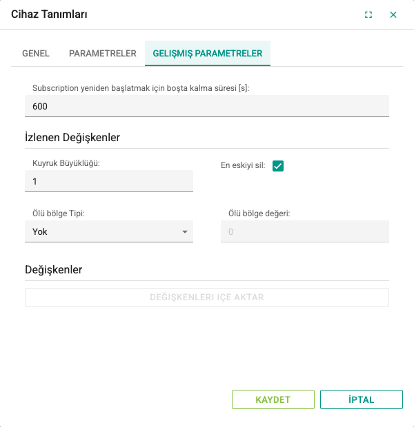 OPC UA cihazının Gelişmiş Parametreler sekmesi